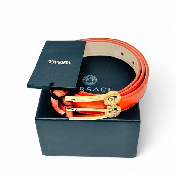 NIB Versace Belt Size Small 105cm 42” Medusa Orange Leather $500 main image 5